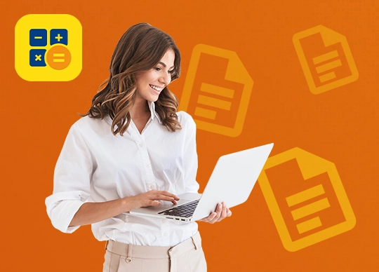 Frau mit weißer Bluse schaut auf ihren Laptop, rundherum schweben stilisierte Dokumentensymbole – Symbolbild für das Webinar zur E-Rechnung mit WISO MeinBüro Desktop