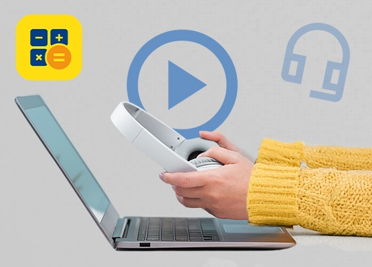 Symbolbild für Einsteigerwebinar: Hände halten Kopfhörer über einem Laptop; oben links das WISO MeinBüro Desktop Logo