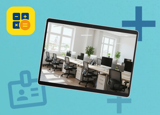 Leerer moderner Büroraum mit mehreren Arbeitsplätzen auf einem Bildschirm; oben links das WISO MeinBüro Desktop Logo