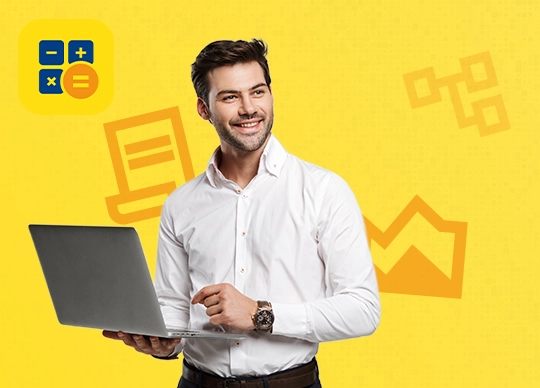 Mann mit Laptop auf gelbem Hintergrund, daneben Symbole für Dokumente, Struktur und Diagramme; oben links das WISO MeinBüro Desktop Logo