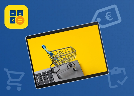 Laptop mit Miniatur-Einkaufswagen als Symbol für E-Commerce; oben links das WISO MeinBüro Desktop Logo