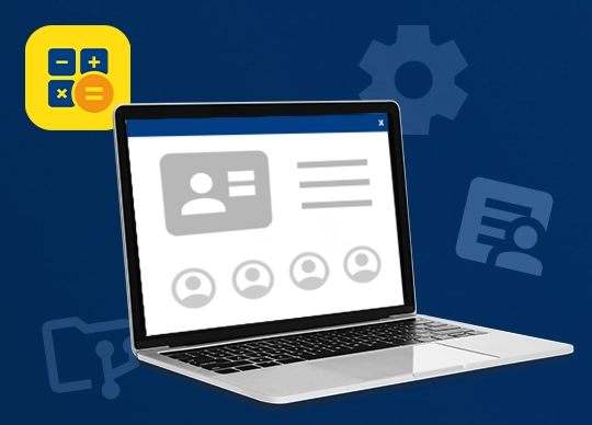 Laptop mit stilisierter grafischer Benutzeroberfläche zur Stammdatenverwaltung, im Hintergrund Icons für Datenstruktur und Ordner; oben links das WISO MeinBüro Desktop Logo