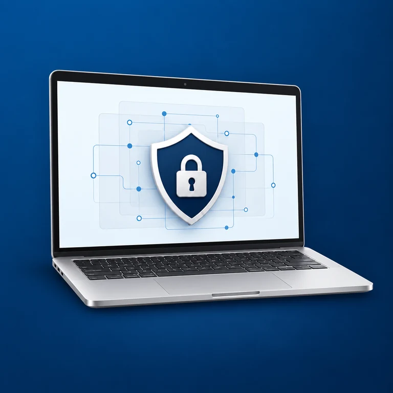 Laptop mit Schutzschild und Schloss auf dem Display als Symbol für Datensicherheit