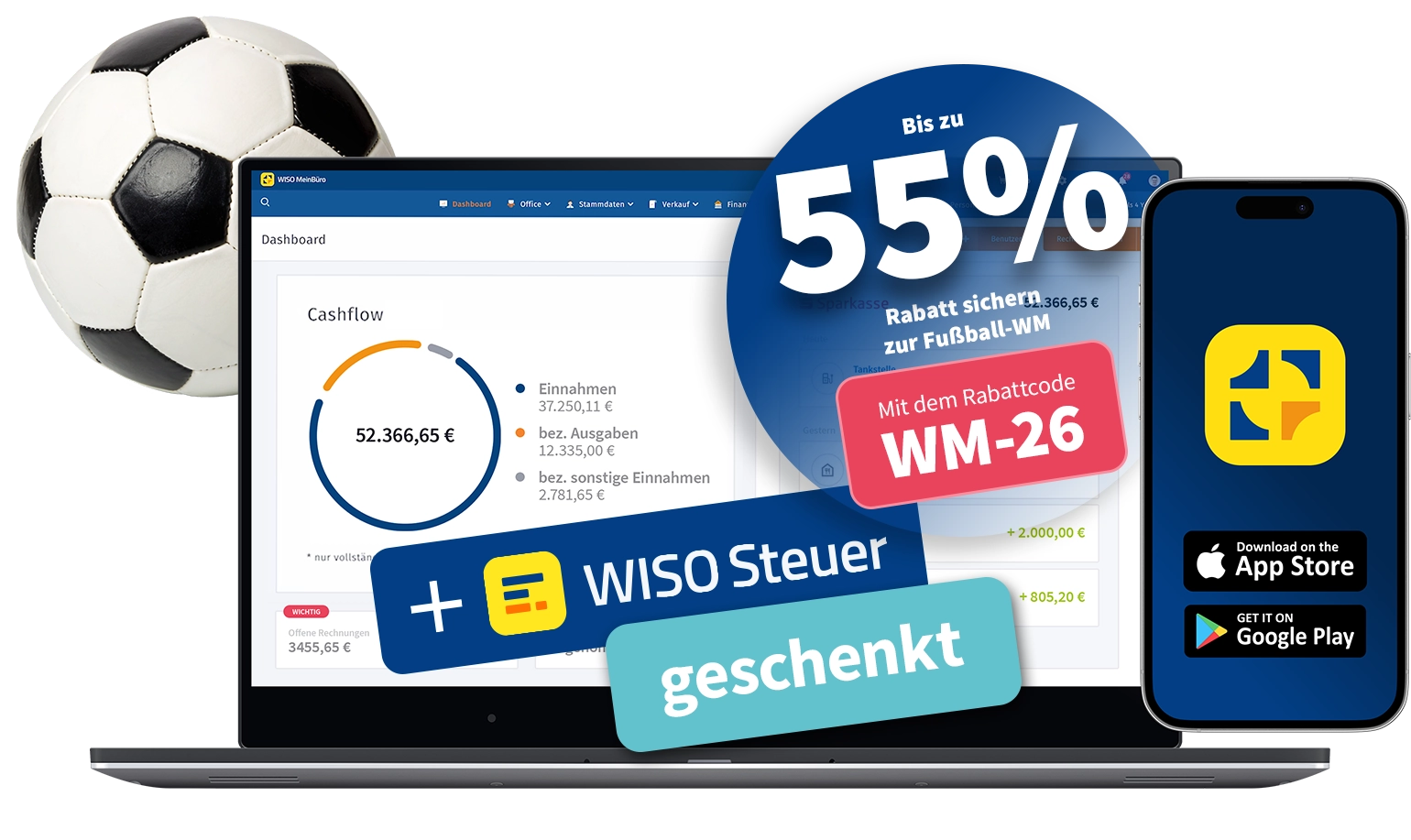 Aktion zur Fußball-WM: bis zu 55% Rabatt & WISO Steuer geschenkt
