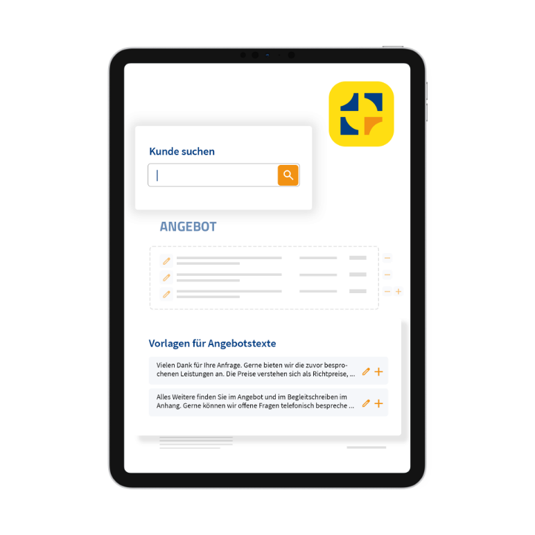 Screenshot eines Tablet-Gerätes mit einem offenen Angebot und der Suchfunktion aus dem Kundendatenstamm.