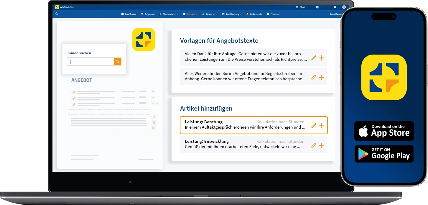 Laptop mit WISO MeinBüro, darauf zu sehen ist ein Angebotsentwurf