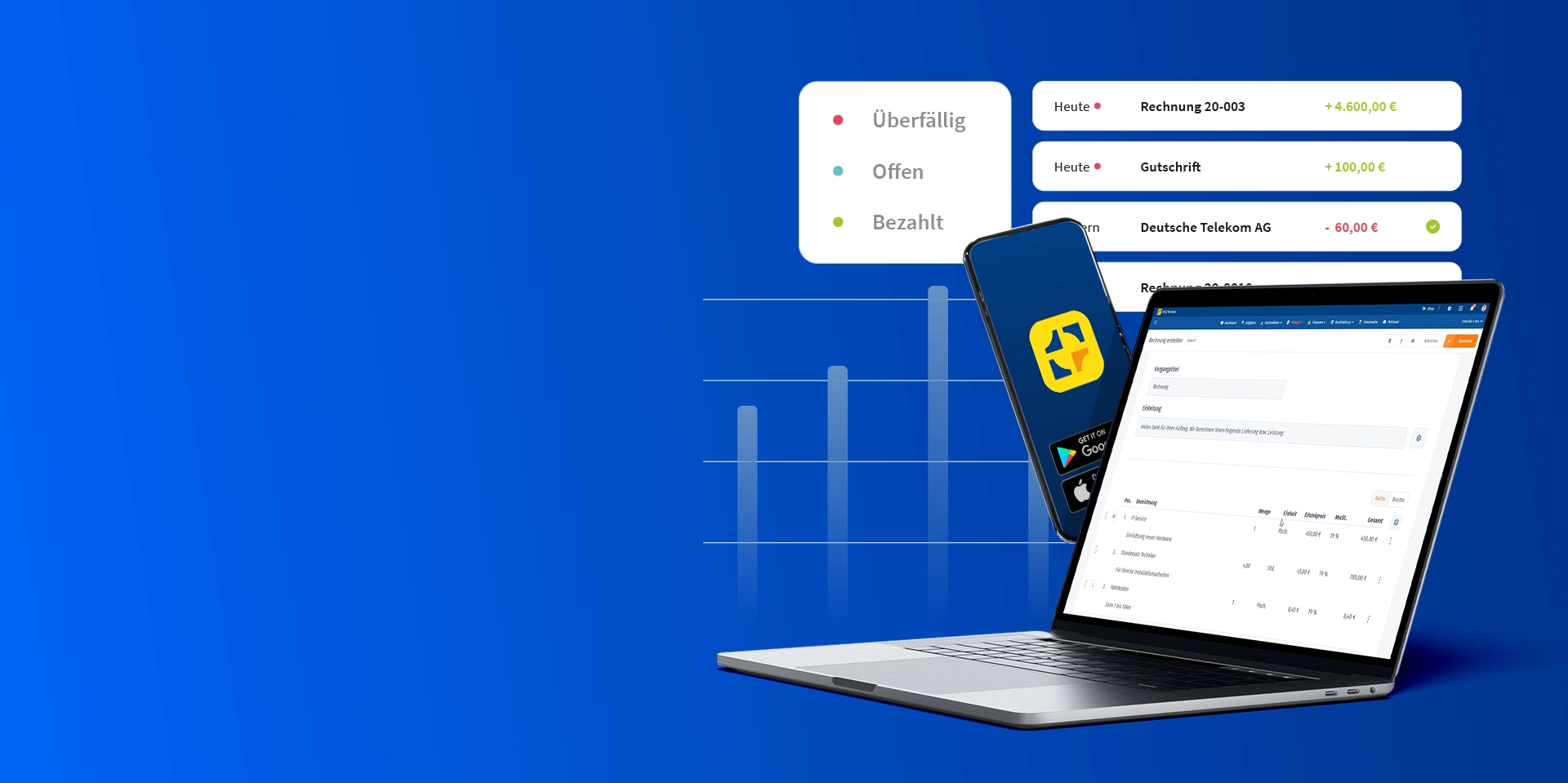 Laptop und Smartphone mit WISO MeinBüro, darauf zu sehen ist die Rechnungserstellung