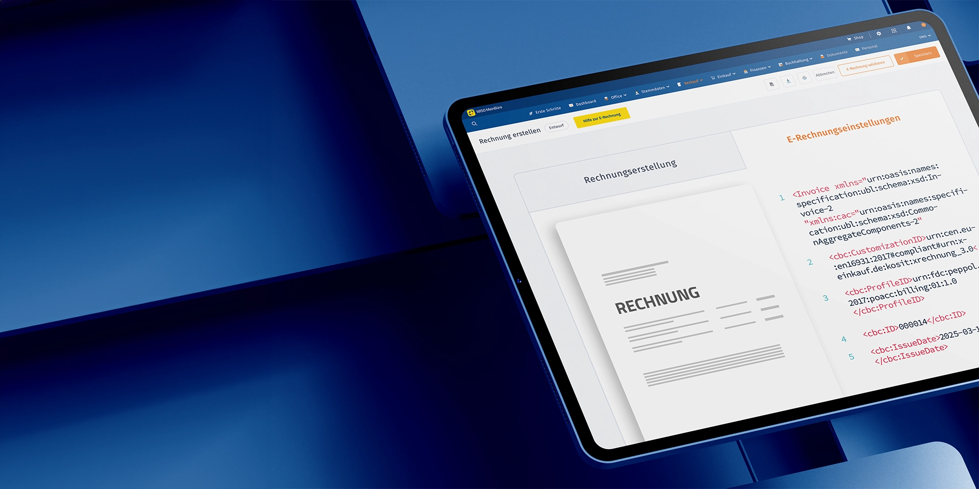 Tablet, auf dem die Rechnungserstellung in WISO MeinBüro zu sehen ist