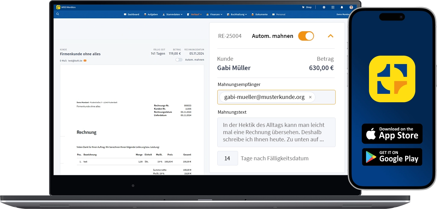 Laptop mit WISO MeinBüro, auf der stilisierte Rechnungselemente zu sehen sind