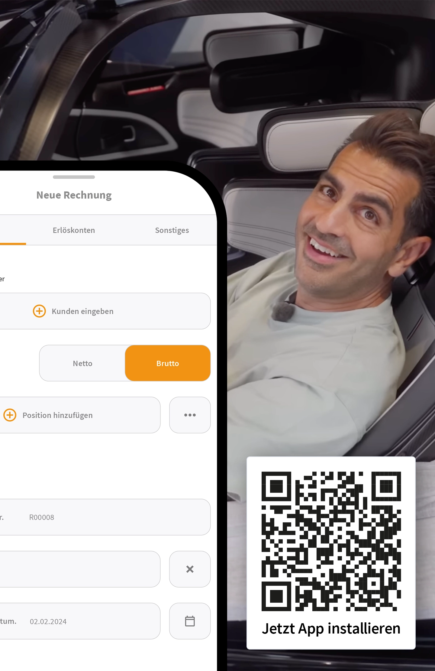 Hamid Tailormade mit Smartphone und QR-Code – steht für die mobile Nutzung von WISO MeinBüro
