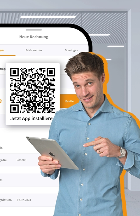 karriereguru mit Tablet und QR-Code – steht für die mobile Nutzung von WISO MeinBüro