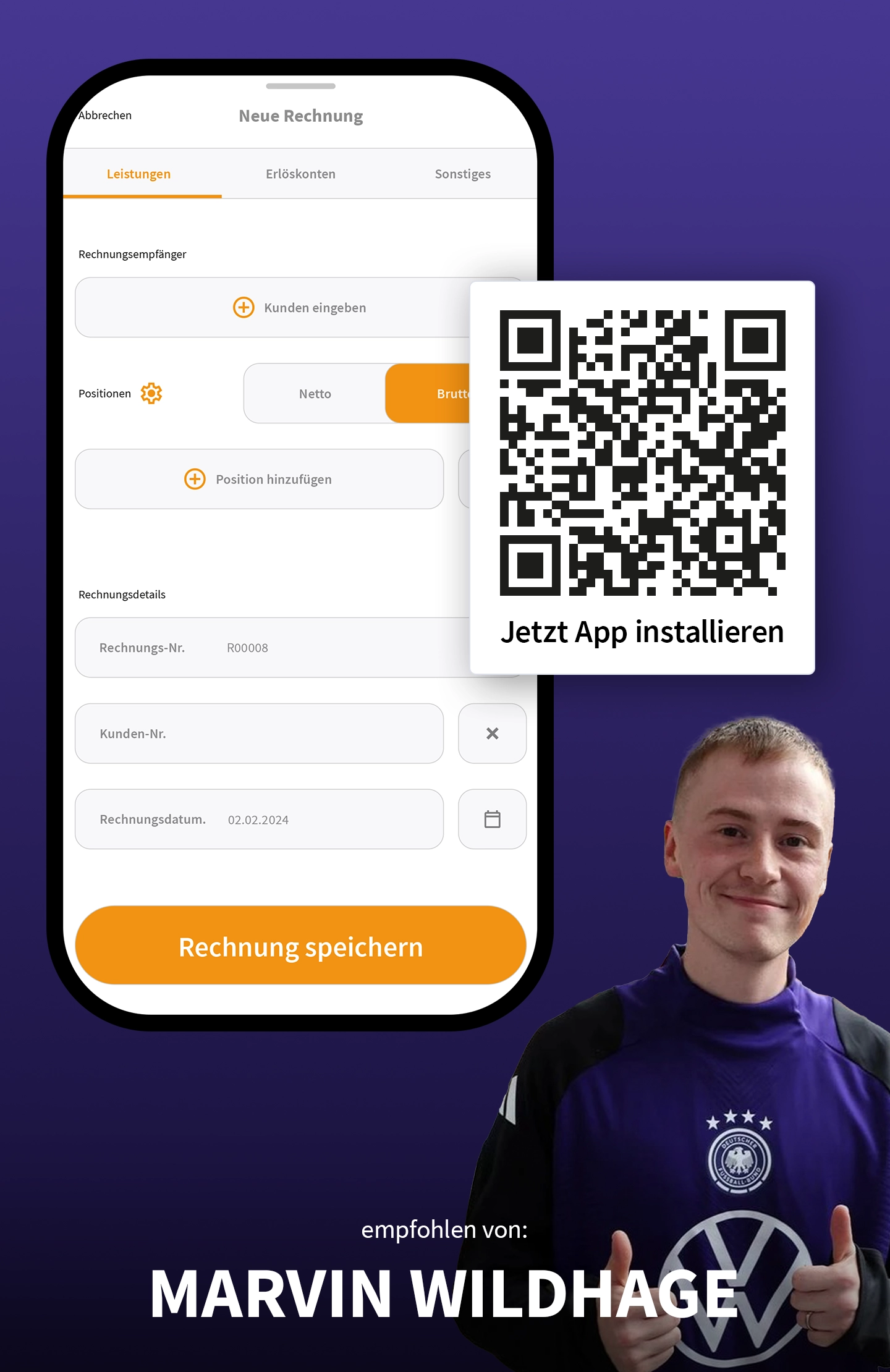 Marvin Wildhage mit Smartphone und QR-Code – steht für die mobile Nutzung von WISO MeinBüro