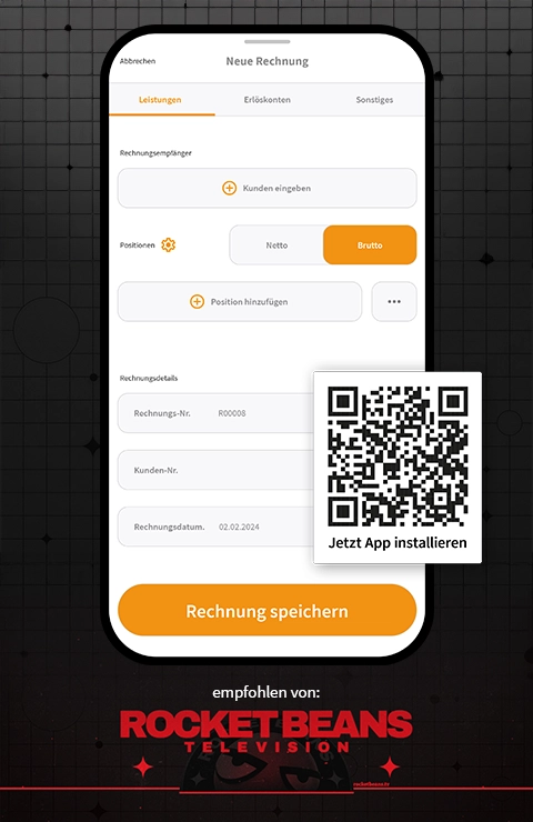 Smartphone und QR-Code für den App-Download auf schwarzem Hintergrund, unten das rote Rocket Beans Logo