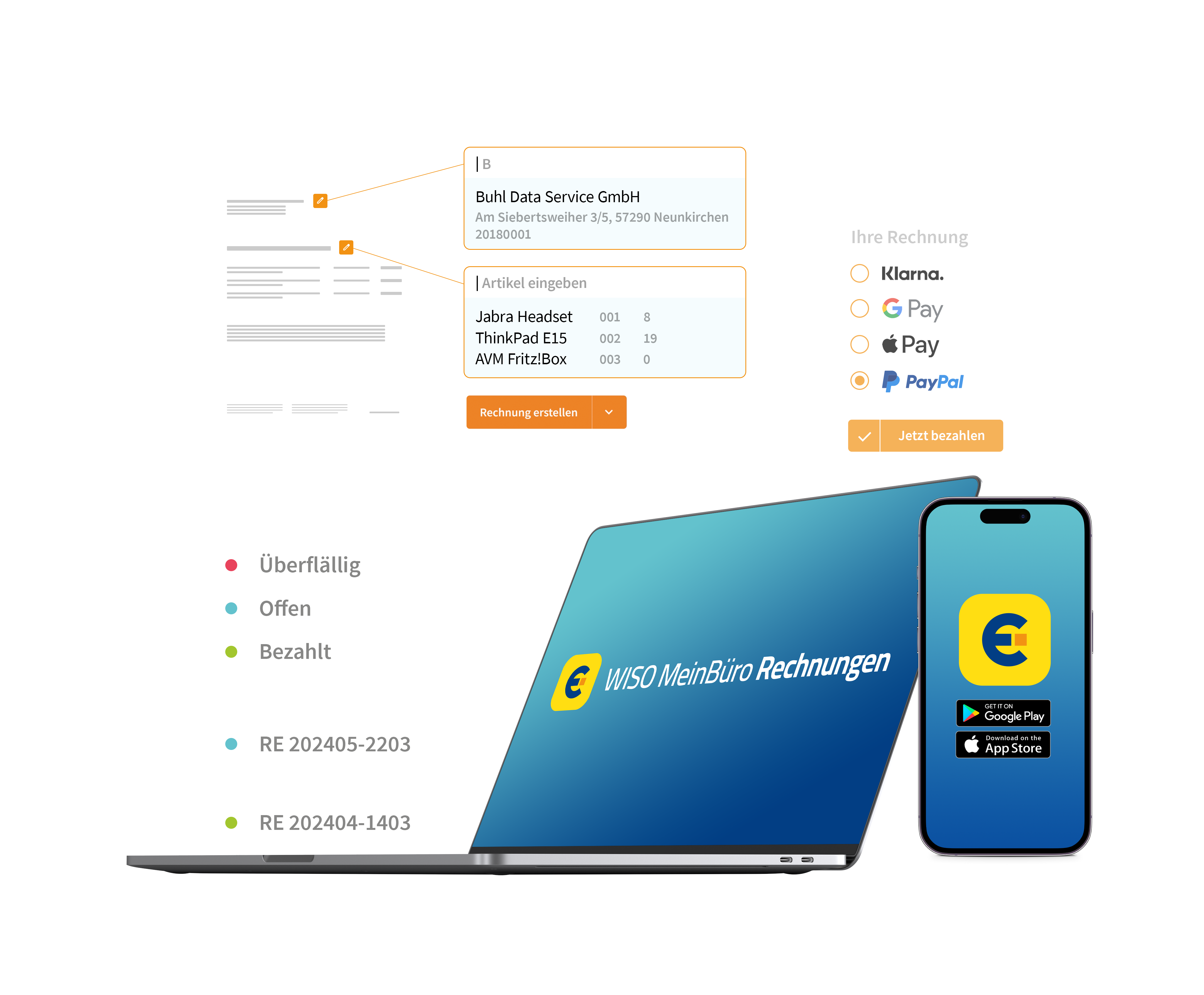 Laptop und Smartphone mit WISO MeinBüro Rechnungen Logo, daneben Screenshots zur Rechnungserstellung, Zahlungsabwicklung und Übersicht des Rechnungsstatus