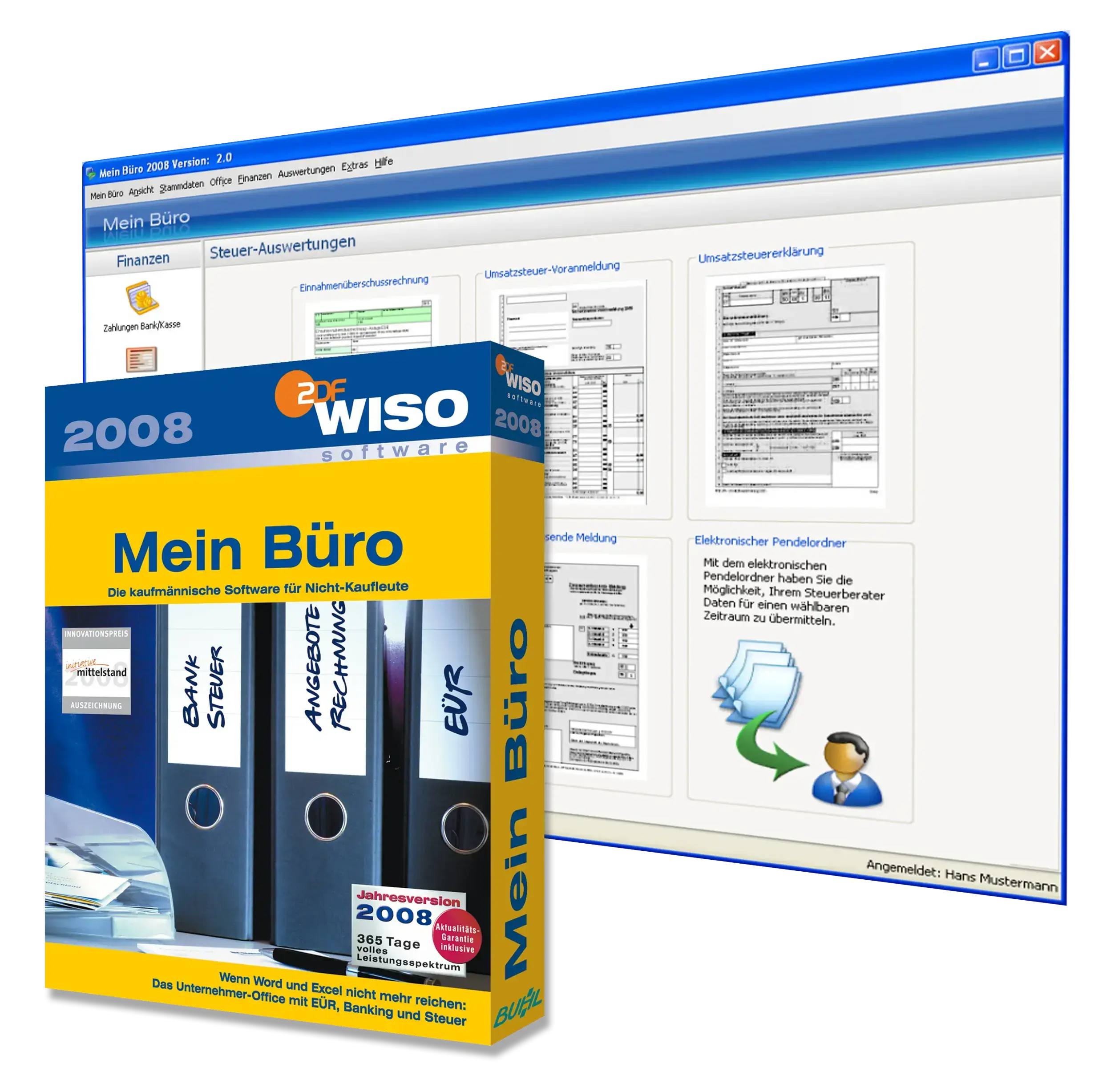 Verpackung der Version 2009 von WISO MeinBüro, zusammen mit einem Screenshot der Anwendung