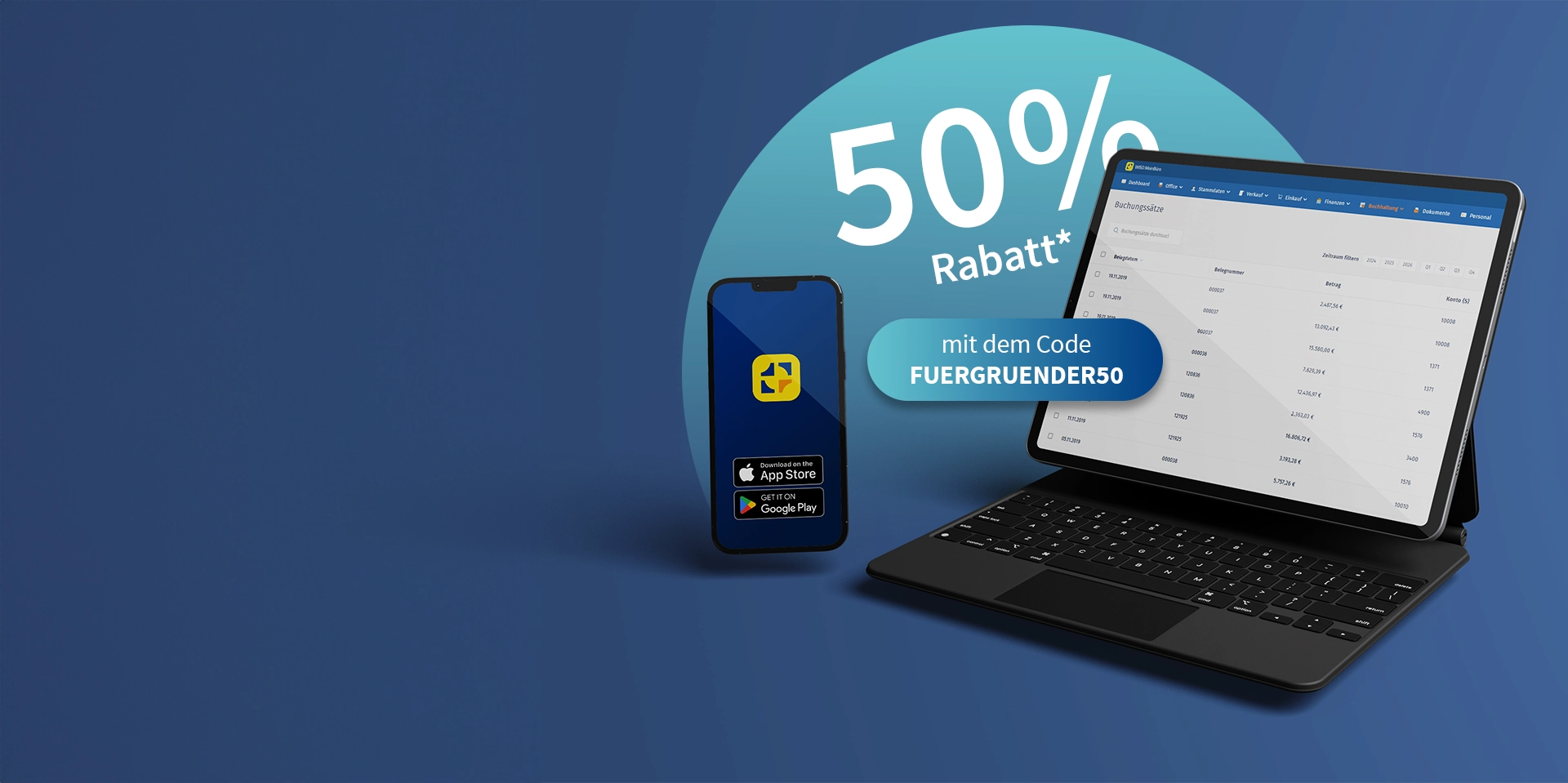 Laptop und Smartphone mit WISO MeinBüro, im Hintergrund Rabattcode FUERGRUENDER50