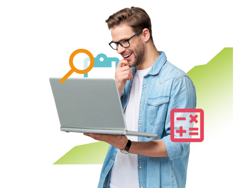 Mann mit Brille im blauen Hemd hält einen Laptop, im Hintergrund bunte Symbole