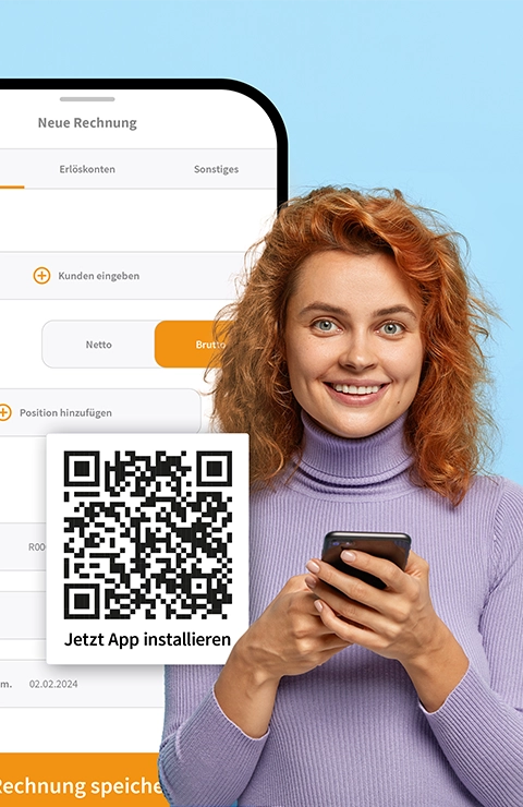 Frau mit Smartphone und QR-Code – steht für die mobile Nutzung von WISO MeinBüro Dokumente