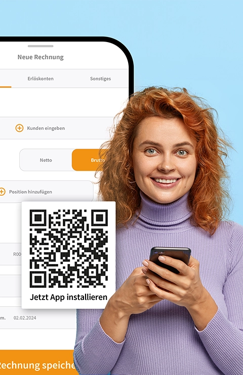 Frau mit Smartphone und QR-Code – steht für die mobile Nutzung von WISO MeinBüro