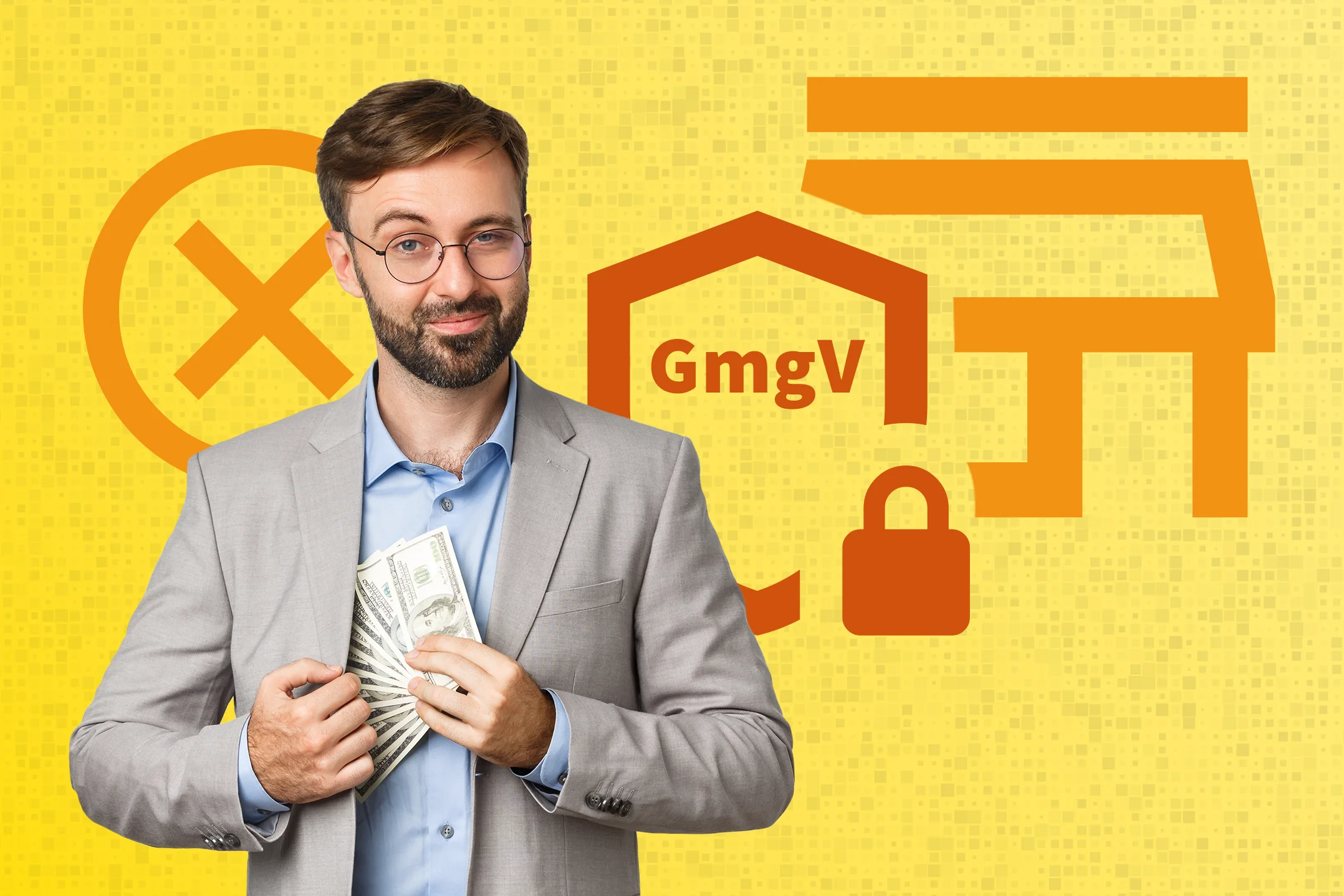 Ein Mann in grauem Anzug hält ein Bündel Geld in der Hand.