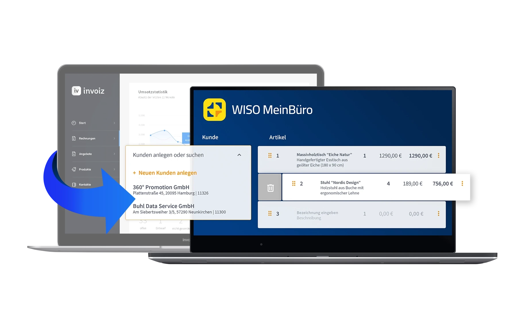 Zwei Laptops, die invoiz und WISO MeinBüro zeigen