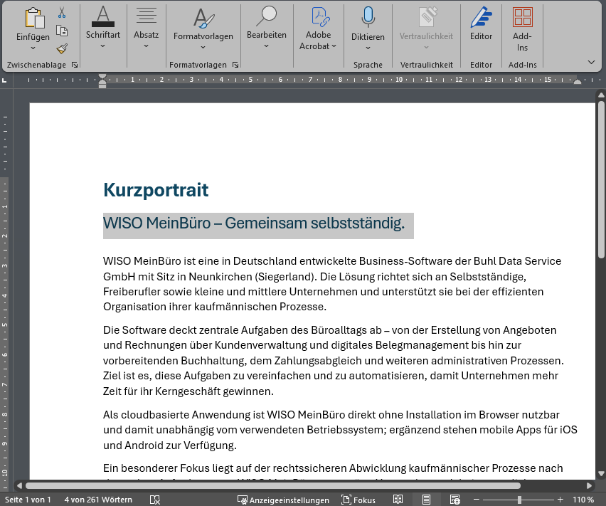 Kurzportrait über WISO MeinBüro