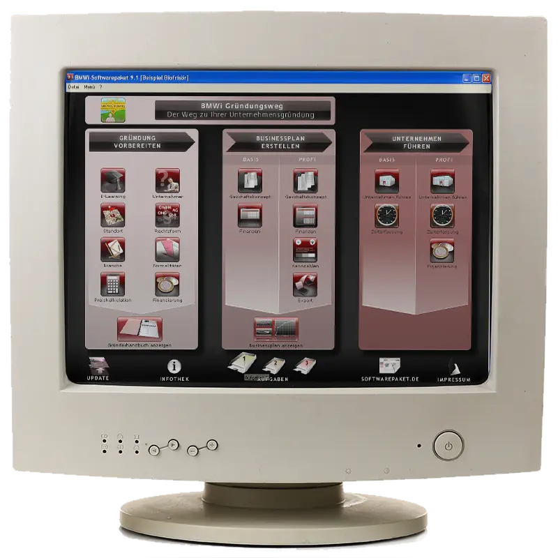 Ein alter Röhrenmonitor mit einem Screenshot der MBWi Gründer-Software im Jahr 2008