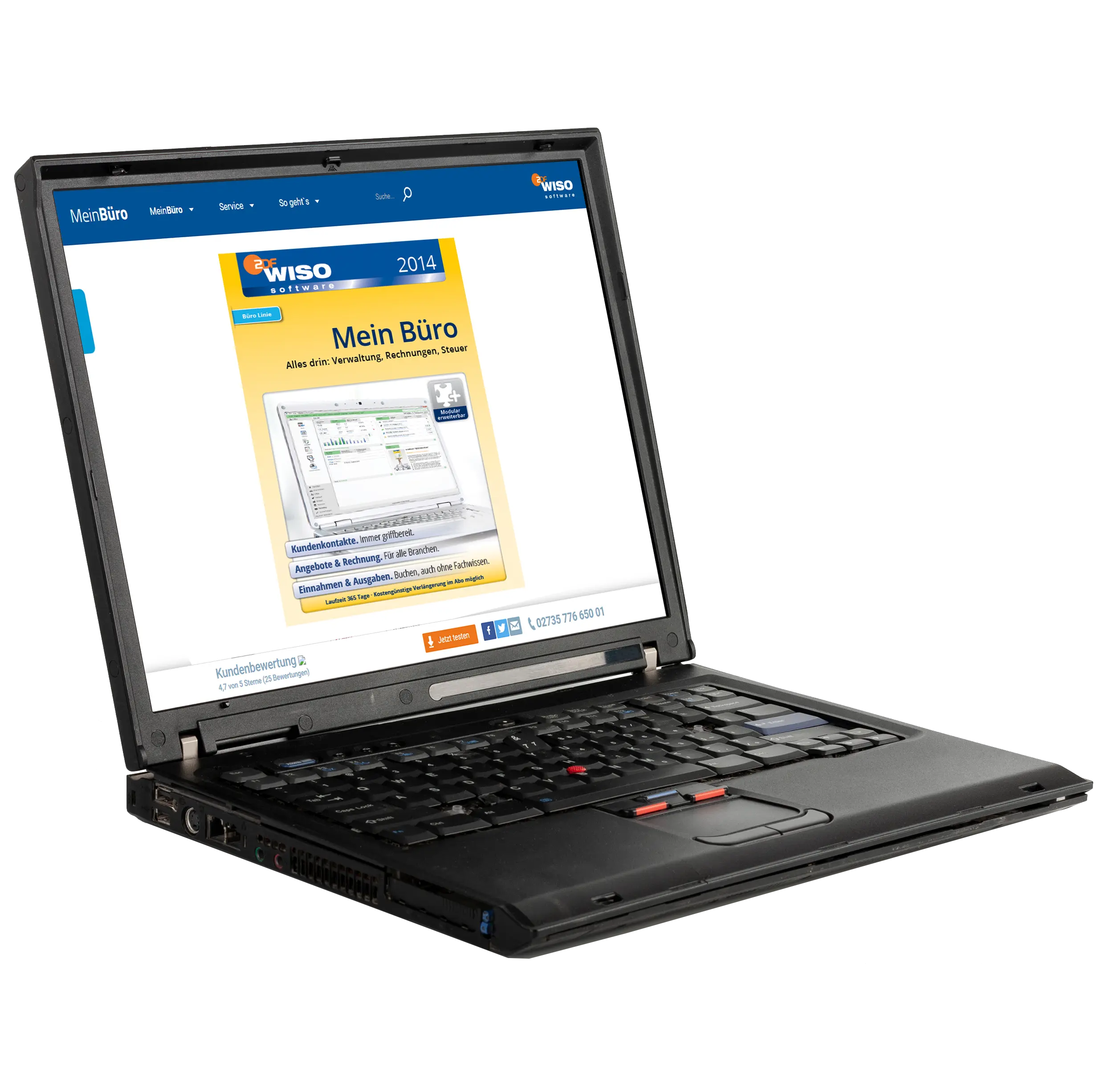 Ein alter Laptop mit einem Screenshot vom Online-Shop von WISO MeinBüro im Jahr 2014.