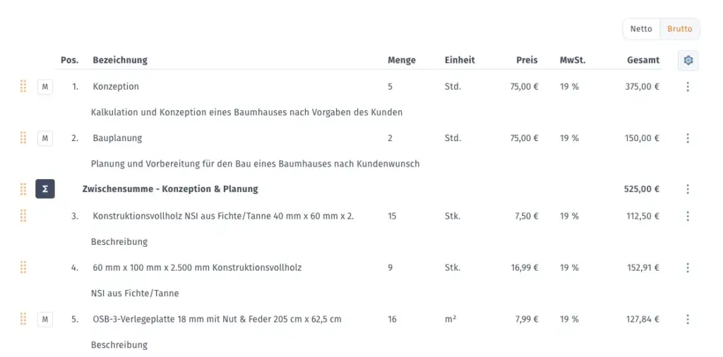 Beispiel für eine Zwischensumme