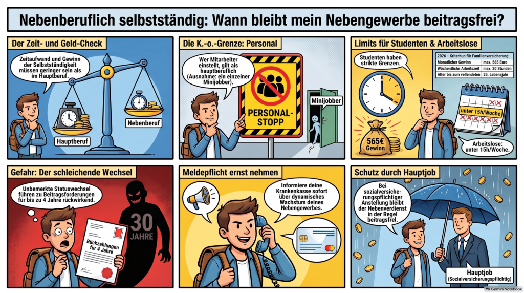 Infografik zu den Regeln der beitragsfreien Selbstständigkeit